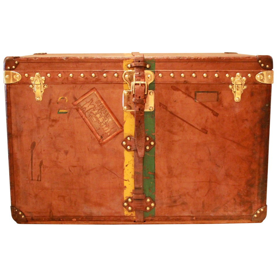Louis Vuitton Calf's Leather Trunk with Yellow and Green Monogram Striping For Sale