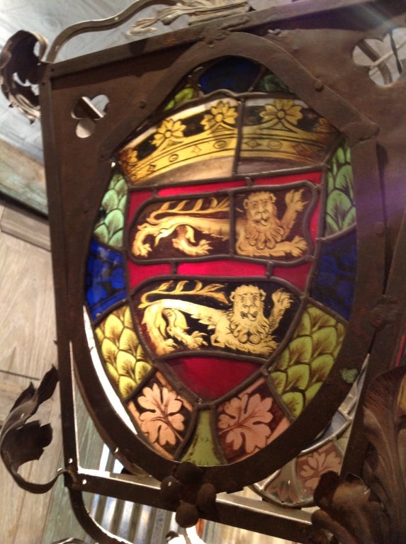 19th Century Antique Italian Lantern with Stained Glass For Sale