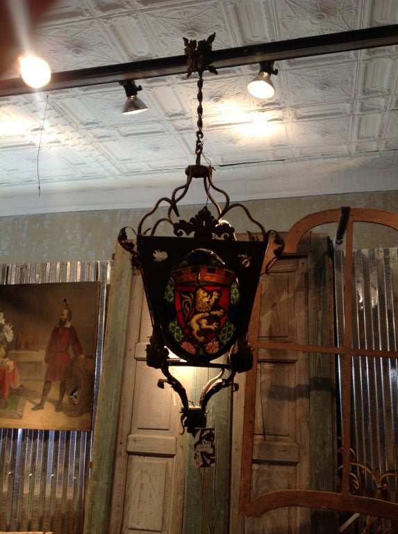 Iron Antique Italian Lantern with Stained Glass For Sale