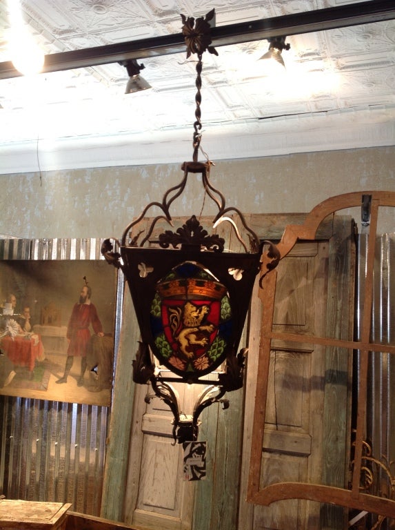 Antique Italian Lantern with Stained Glass For Sale 1