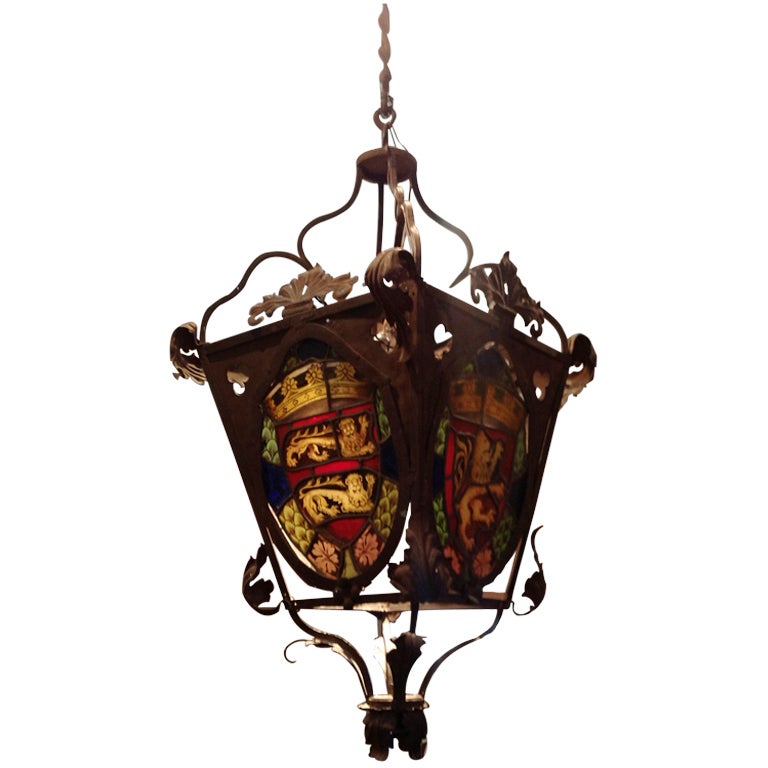 Antique Italian Lantern with Stained Glass For Sale
