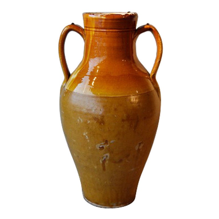 Tall antique terra cotta glazed jar For Sale
