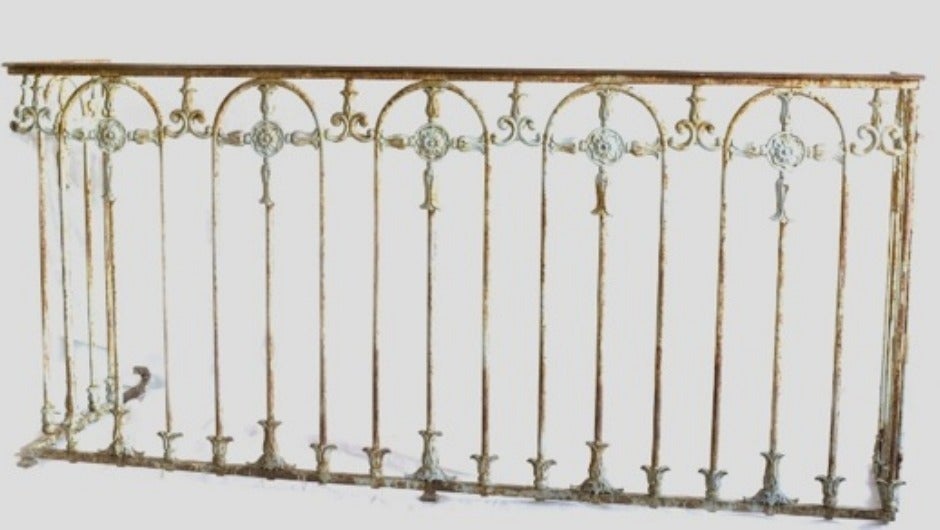Italian antique balcony from Naples. The patina from rust and powder blue coloring is wonderful. 1 iron bar is detached and noted in gallery.