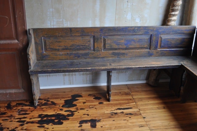 Rustic Italian country bench from Tuscany. Color is residual blue and brown paint.