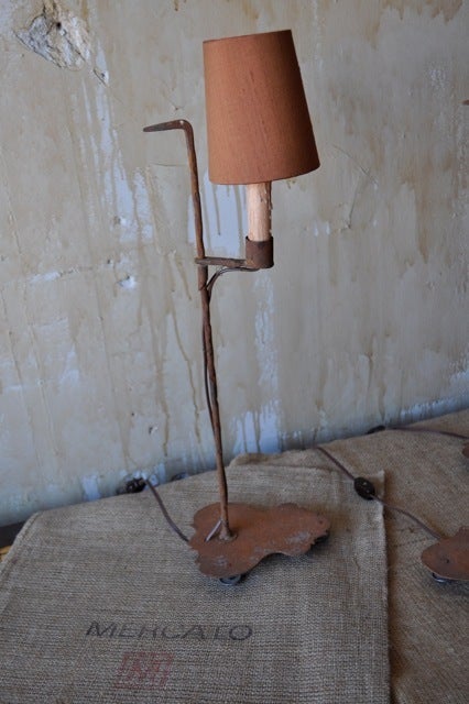 Small iron candlestick lamp with custom shades. wired.