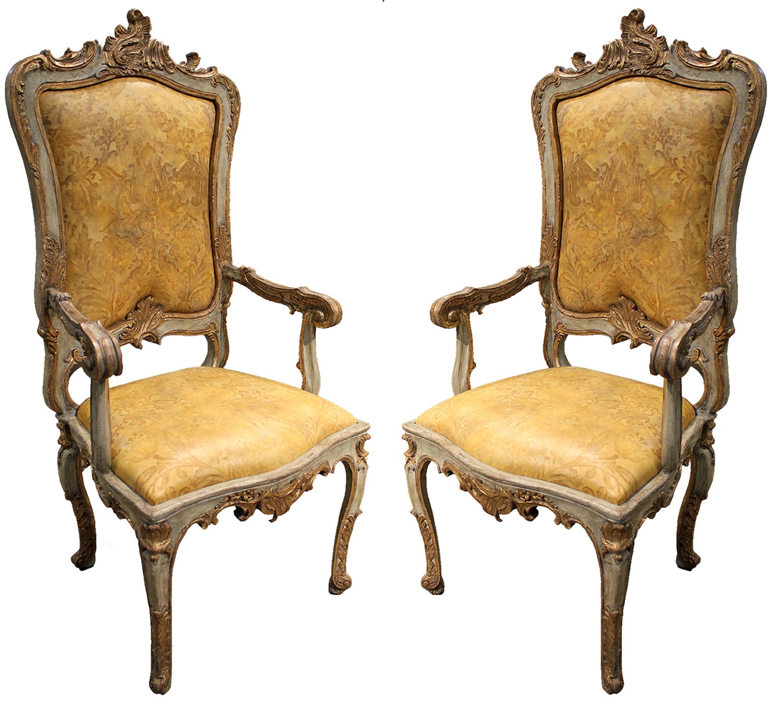 Pair of Italian Louis XV, Venetian Polychrome and Parcel-Gilt Fauteils For Sale