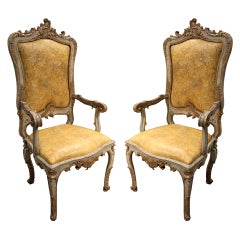 Pair of Italian Louis XV, Venetian Polychrome and Parcel-Gilt Fauteils