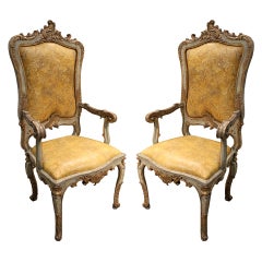 Pair of Italian Louis XV, Venetian Polychrome and Parcel-Gilt Fauteils