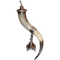 Antique 19th Century Bavarian Silver-Mounted Drinking Horn Centerpiece