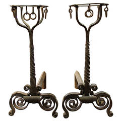 Antique Pair of 18th Century French Chateau Hand-Wrought Andirons