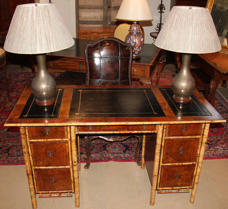 Exotic 19th Century English Import Bamboo and Walnut Pedestal Desk For Sale 3