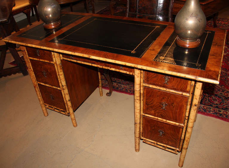 Exotic 19th Century English Import Bamboo and Walnut Pedestal Desk For Sale 1