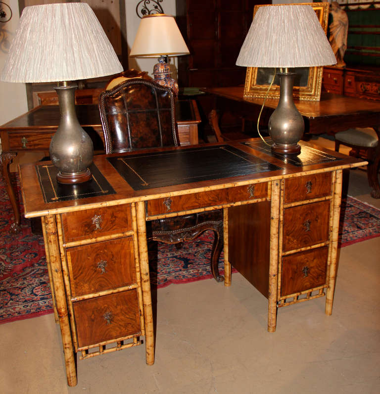 Exotic 19th Century English Import Bamboo and Walnut Pedestal Desk For Sale 2