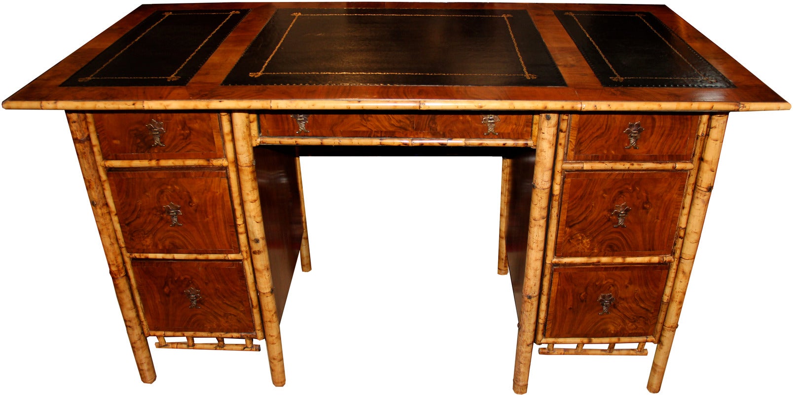 Exotic 19th Century English Import Bamboo and Walnut Pedestal Desk For Sale