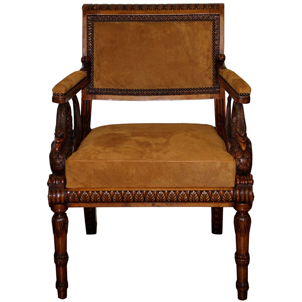 Unusual 19th Century Italian Empire Walnut Armchair For Sale