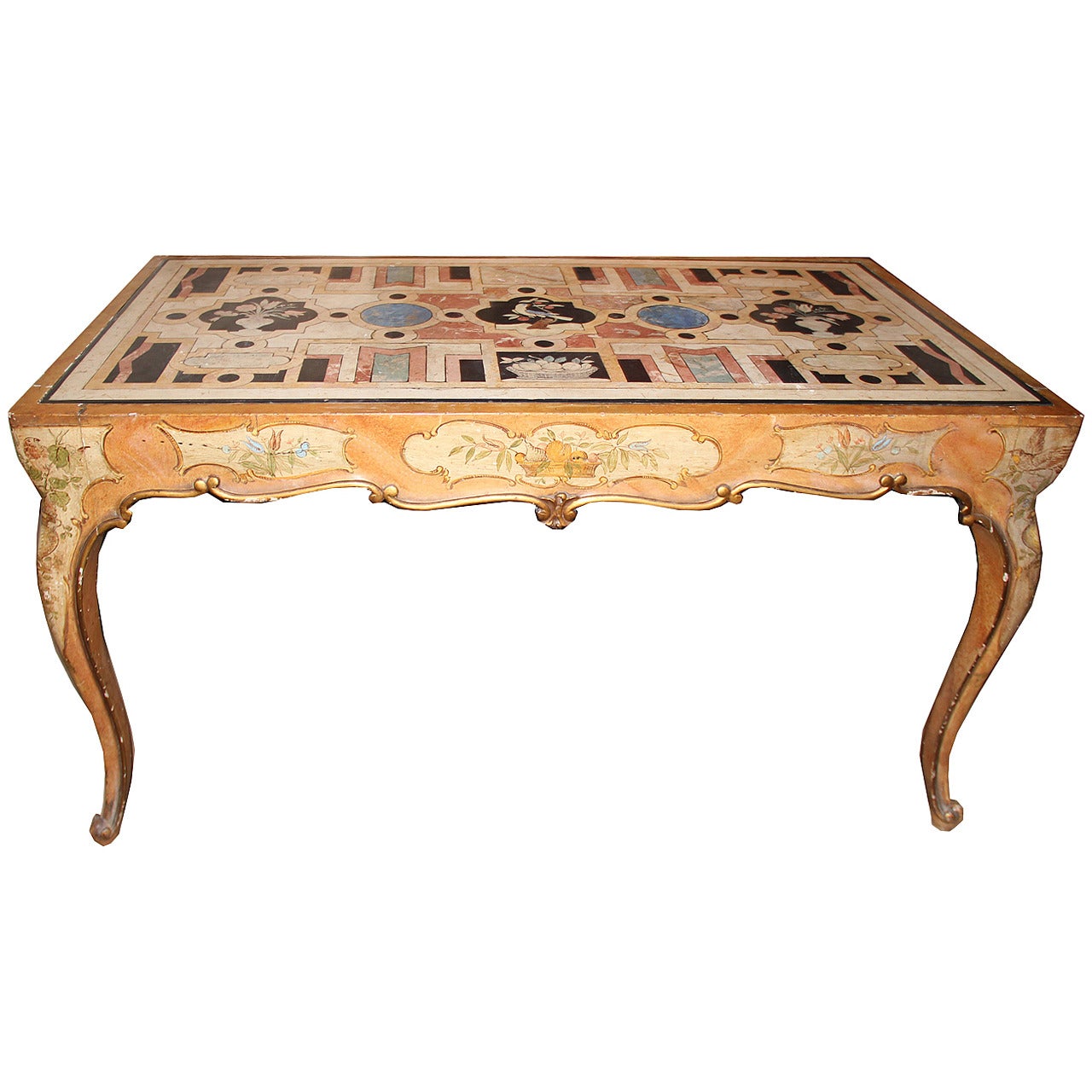 Unusual 18th Century Italian Scagliola, Parcel Gilt and Polychrome Table