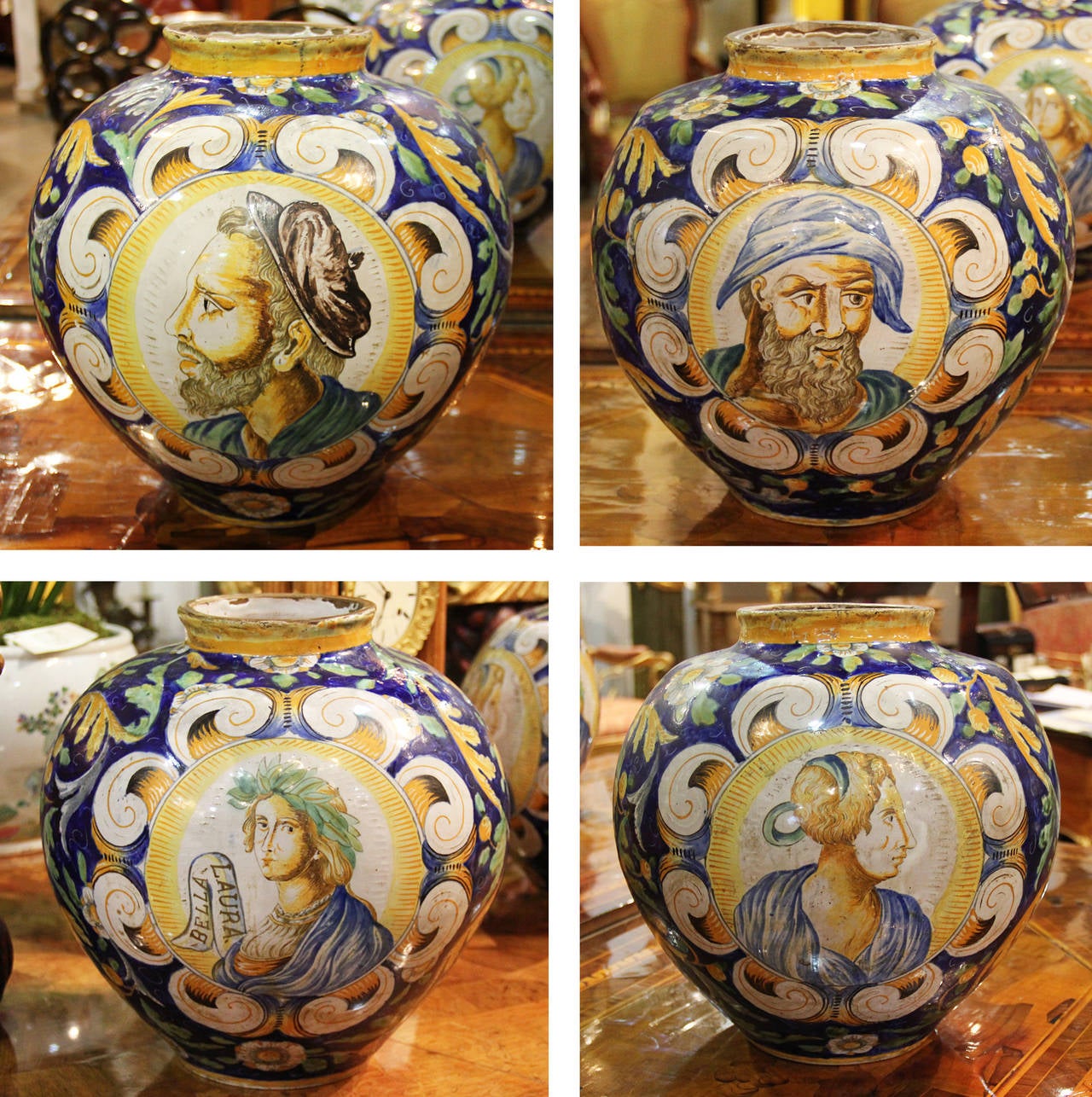 A Pair of 18th Century Italian Bulb-Shaped Majolica Cachepots richly decorated with floral and foliate motifs and featuring portraits of local merchants and their wives, covered in a white tin glaze (which you can see on the inside against the terra