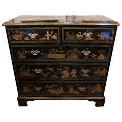 Early 18th Century Queen Anne Chinoiserie Black Lacquered Chest of Drawers