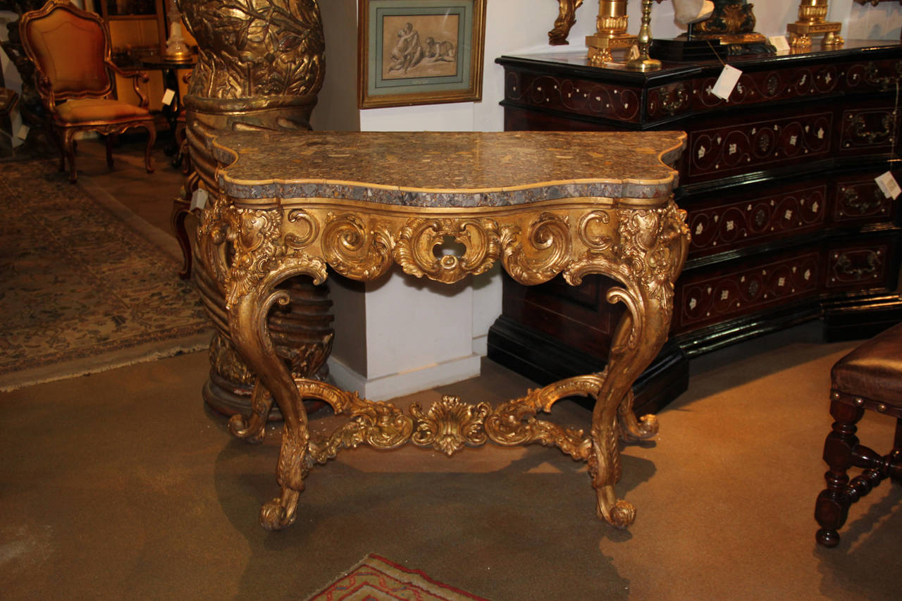 Striking Late 18th Century Italian Louis XV Giltwood Console Table For Sale 6