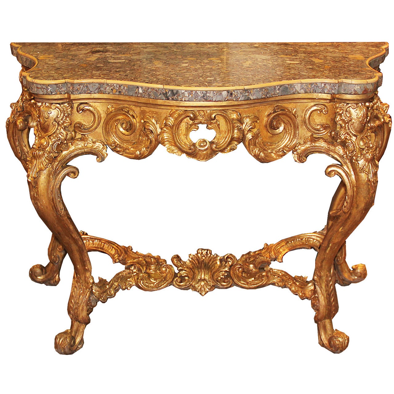 Striking Late 18th Century Italian Louis XV Giltwood Console Table For Sale