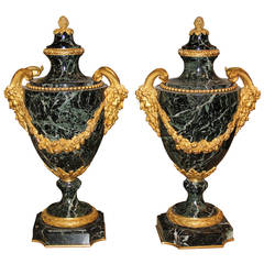 Pair of 19th Century French Issori Verdi Marble Urns