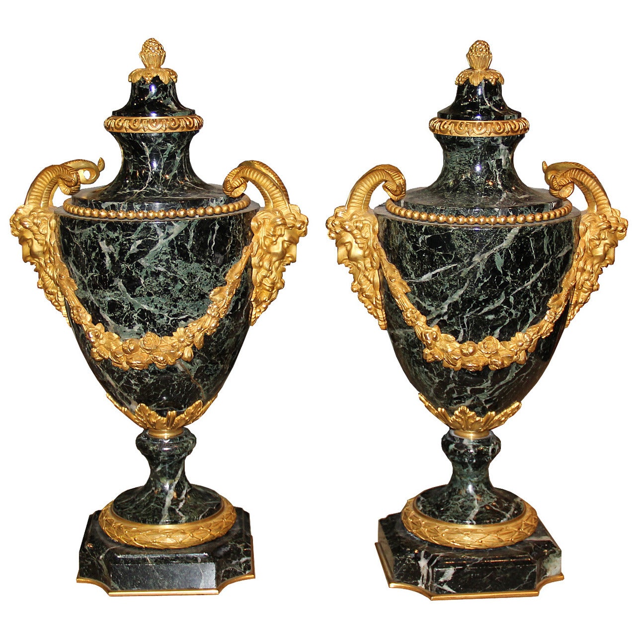 Pair of 19th Century French Issori Verdi Marble Urns For Sale