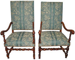A Pair of Early 18th c. French Walnut Louis XIV Fauteil Armchairs