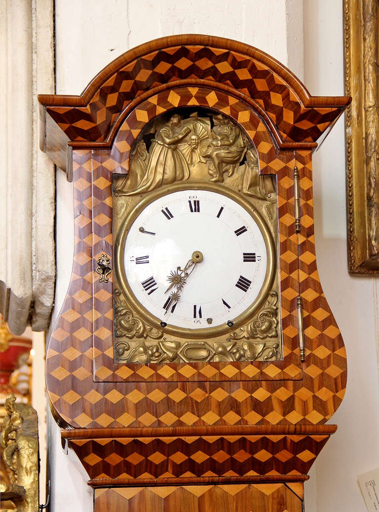 18th Century and Earlier 18th Century French Louis XV Marquetry Long Case Clock For Sale