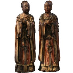 A Pair of Monumental 17th C Polychrome and Parcel Gilt Chinese Palace Guards
