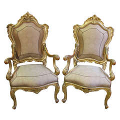 Regal Pair of 18th Century Carved Giltwood Italian Louis XV Armchairs 2