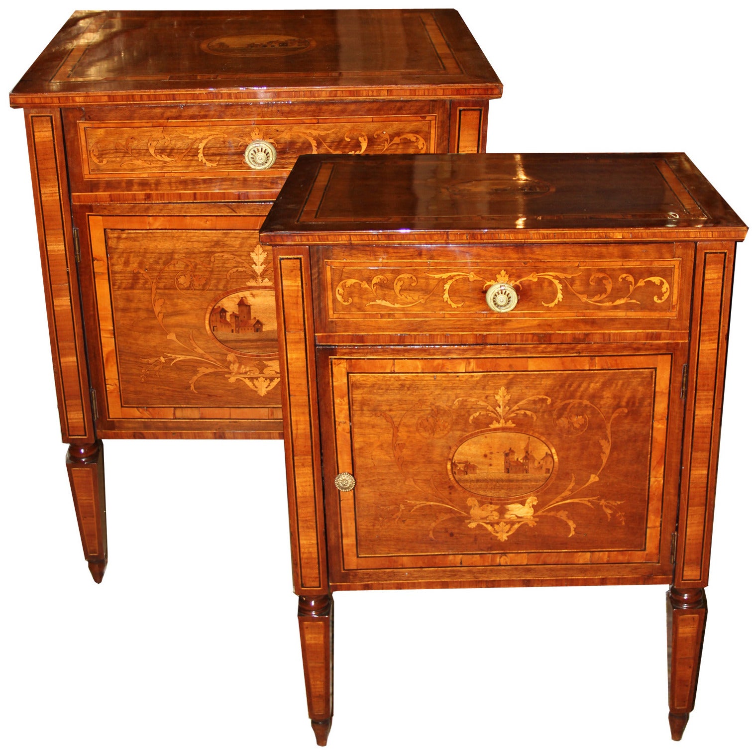 Pair of 18th Century Italian Louis XVI Marquetry Bedside Commodini For Sale