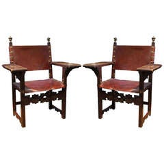 Antique Pair of Rare 17th Century Spanish Walnut Armchairs