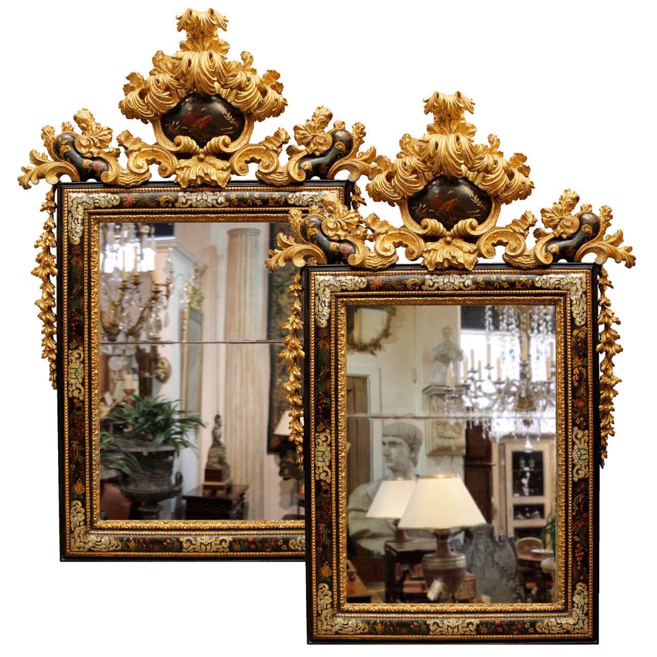 A Pair of Late 17th C. Venetian, Mother-of-Pearl-Inlaid and Giltwood Mirrors