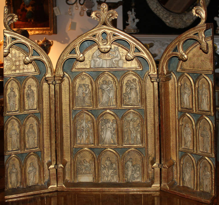 French A Late 16th C. - Early 17th C. Giltwood, Ivory and Polychrome Triptych