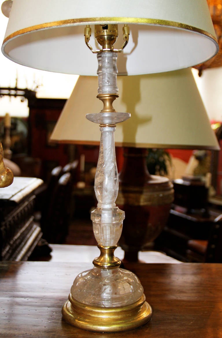 French Rock Crystal Candlestick Now Converted Into a Table Lamp For Sale