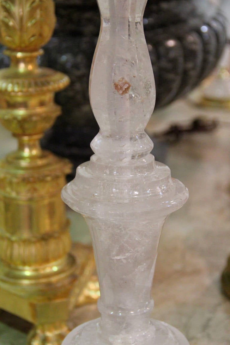 A pair of rock crystal candlesticks now converted into table lamps comprised of carved and shaped rock crystal elements, the rock crystal that make up these pieces was quarried from the relatively small but still productive quartz mines in Sassari