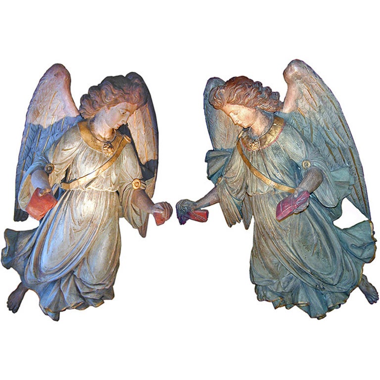 Monumental Pair of 18th Century Polychrome and Parcel-Gilt Angels For Sale