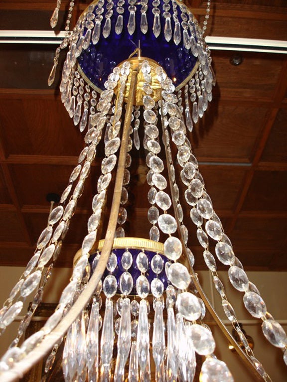 A pair of 19th century cobalt blue and clear crystal Russian chandeliers.