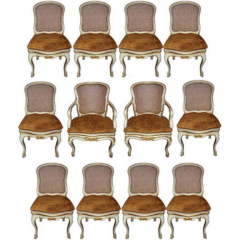 Harlequin Set of 12 Italian Louis XV Dining Armchairs and Side Chairs For Sale