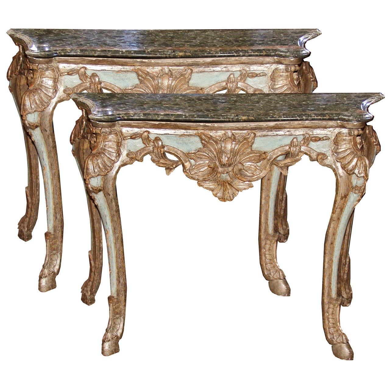 Pair of 18th Century Italian Rococo Mecca Silver Gilt and Polychrome Consoles For Sale