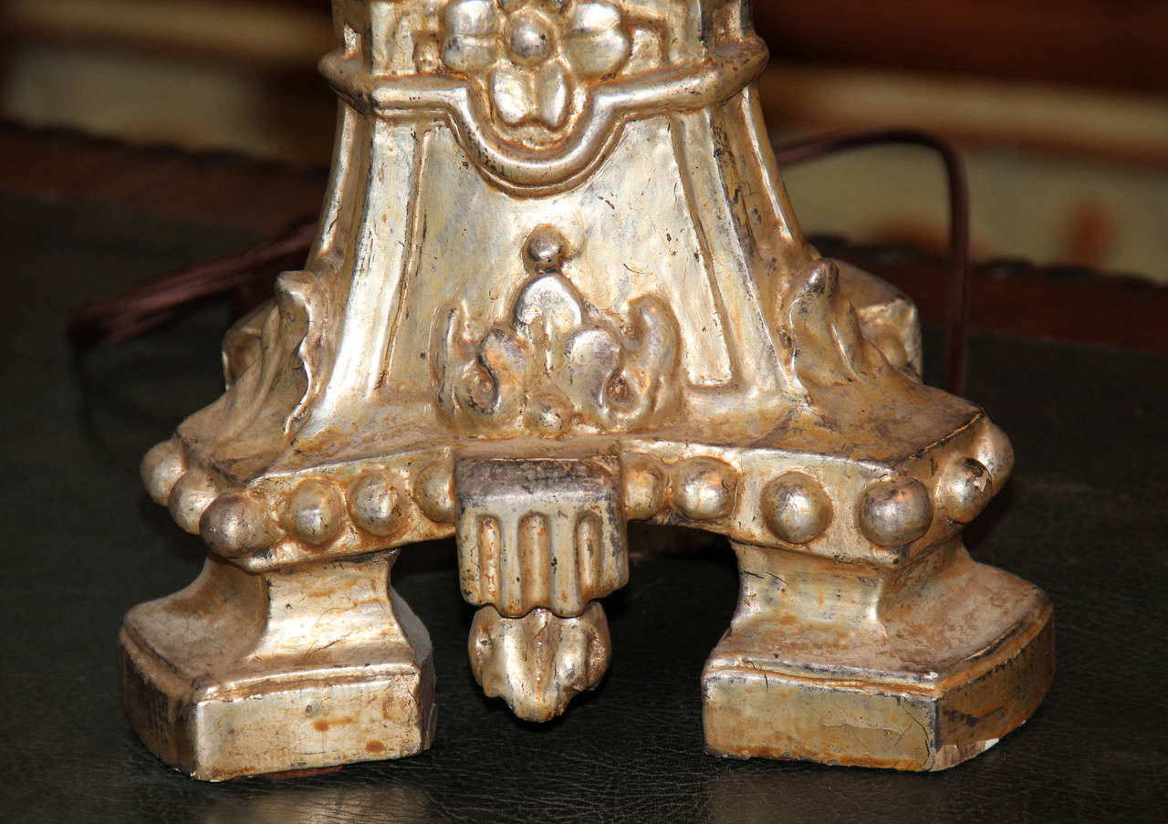 18th Century and Earlier Pair of Italian Carved Silvered Giltwood Ecclesiastical Pricket Sticks For Sale