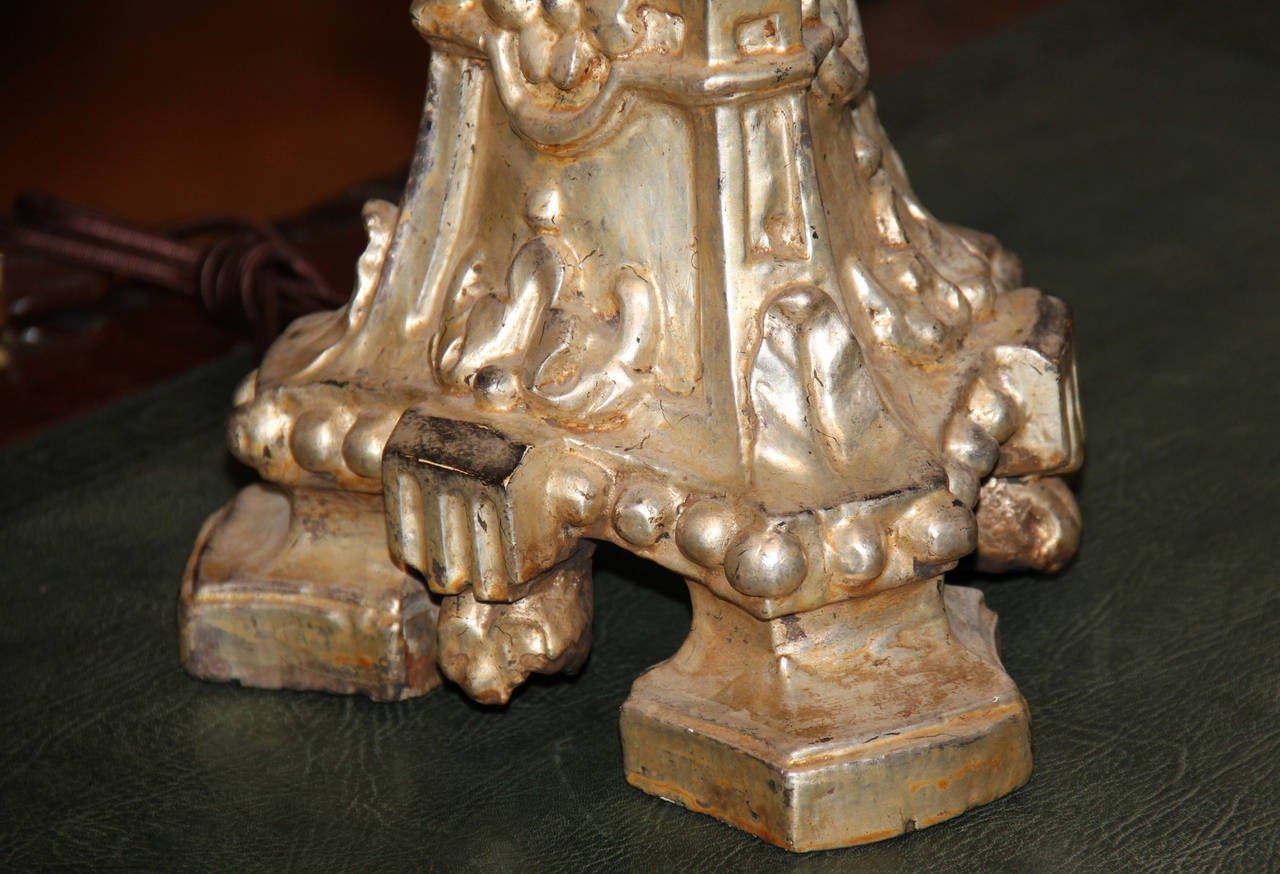 Pair of Italian Carved Silvered Giltwood Ecclesiastical Pricket Sticks For Sale 1