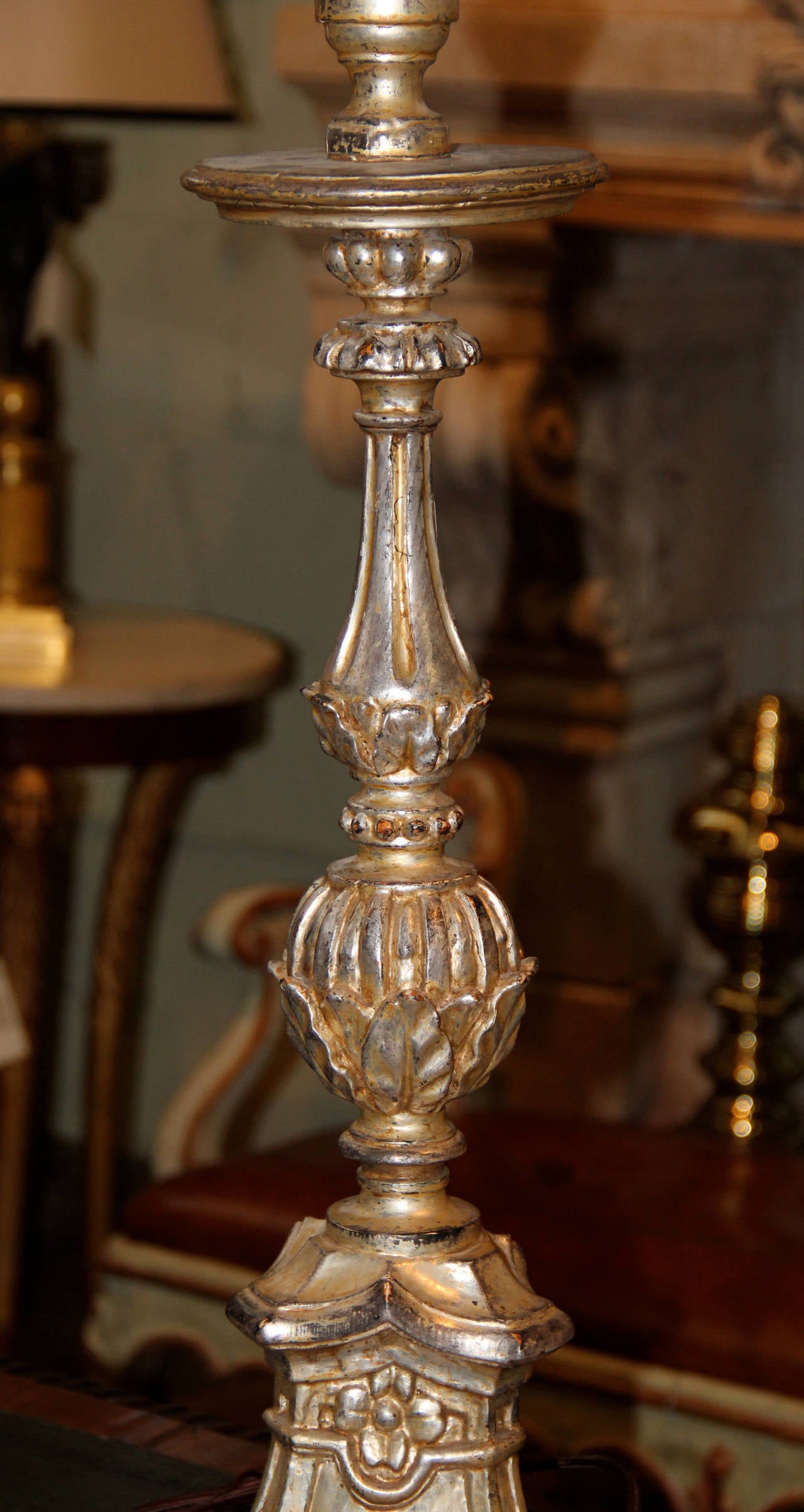 Pair of Italian Carved Silvered Giltwood Ecclesiastical Pricket Sticks For Sale 3