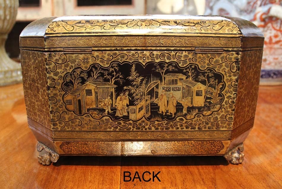 Papier Mâché Intricately Painted Large English Lacquered Tea Caddy For Sale