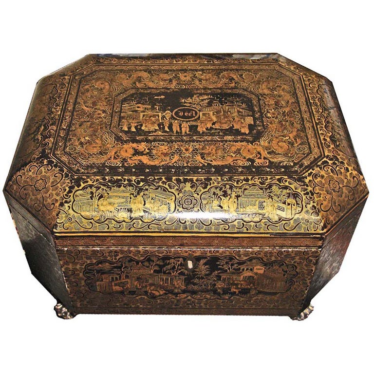 Intricately Painted Large English Lacquered Tea Caddy For Sale