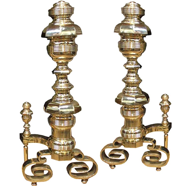 Pair of Palazzo Scaled 19th Century Solid Brass Andirons For Sale