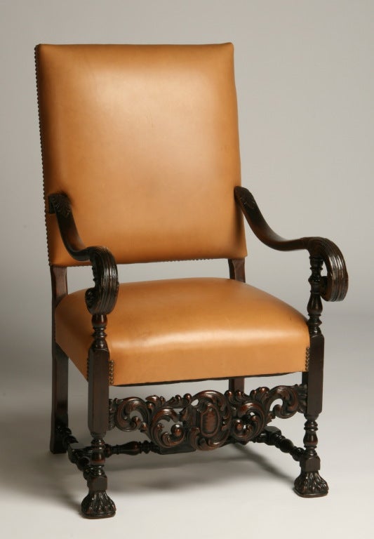 19th Century Carved Oak Armchair in Leather