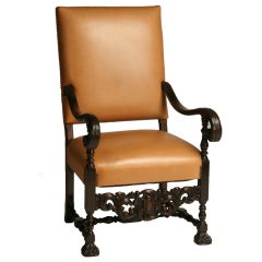 Antique 19th Century Carved Oak Armchair in Leather
