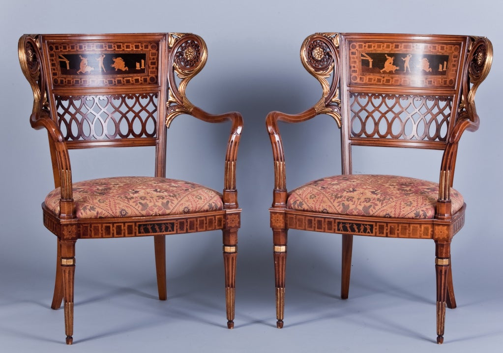 Pair of 20th Century Carved and Inlaid Armchairs