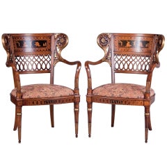 Pair of 20th Century Carved and Inlaid Armchairs